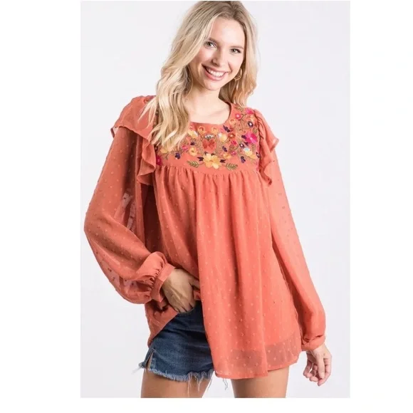 Jodifl Swiss Dot Rust Floral Embroidery Top - Picture 1 of 8